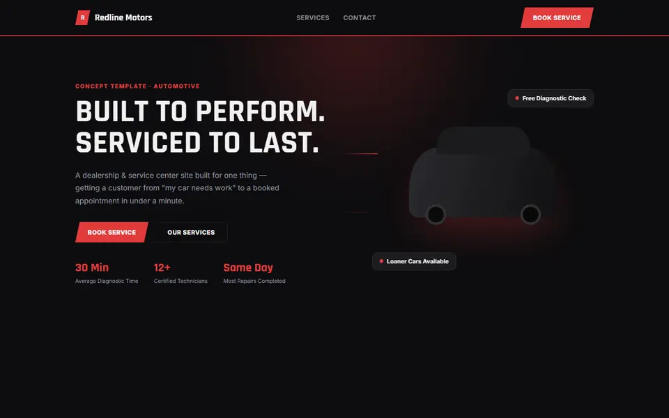 Redline Motors, a automotive concept site built by Creowix