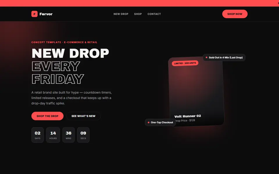 Fervor, a e-commerce & retail concept site built by Creowix
