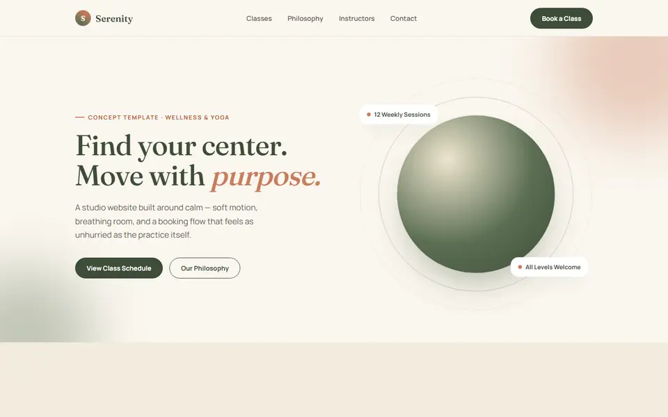 Serenity, a fitness & wellness concept site built by Creowix
