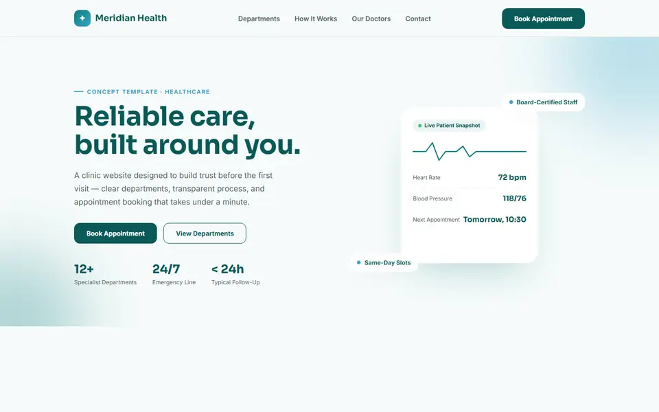 Meridian Health, a healthcare concept site built by Creowix