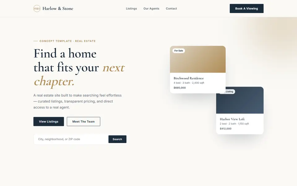 Harlow & Stone, a real estate concept site built by Creowix