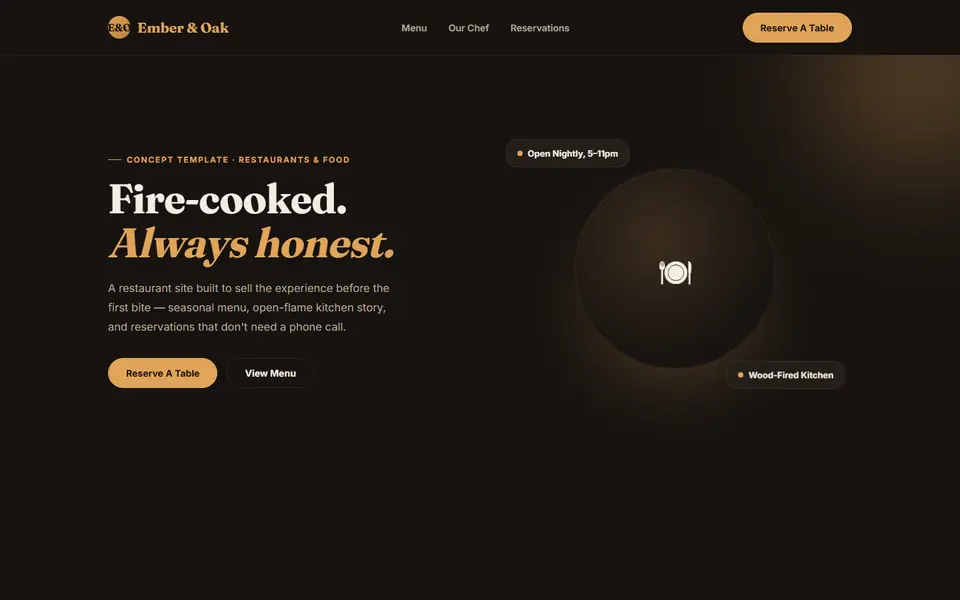 Ember & Oak, a restaurants & food concept site built by Creowix