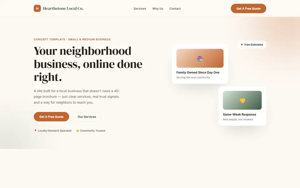 Hearthstone Local Co., a small & medium businesses concept site built by Creowix