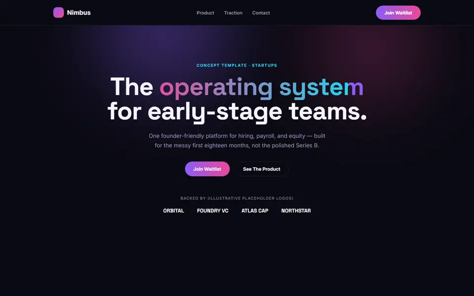 Nimbus, a startups concept site built by Creowix
