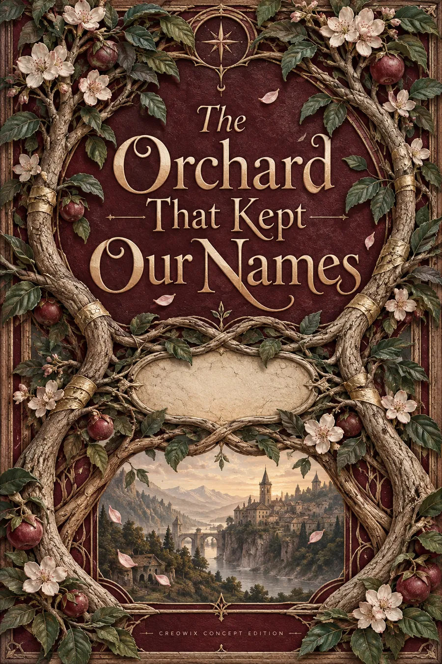 The Orchard That Kept Our Names, romantic fantasy · cover concept by Creowix