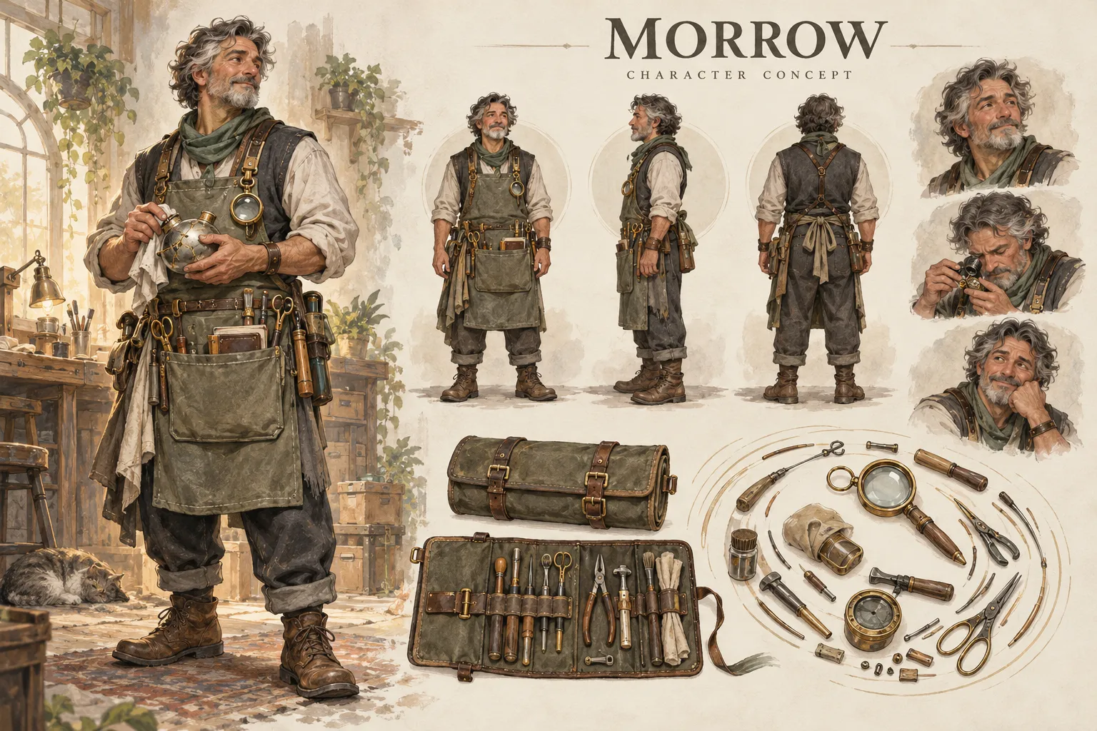 Morrow, the Clockwork Mender, character design · concept board by Creowix
